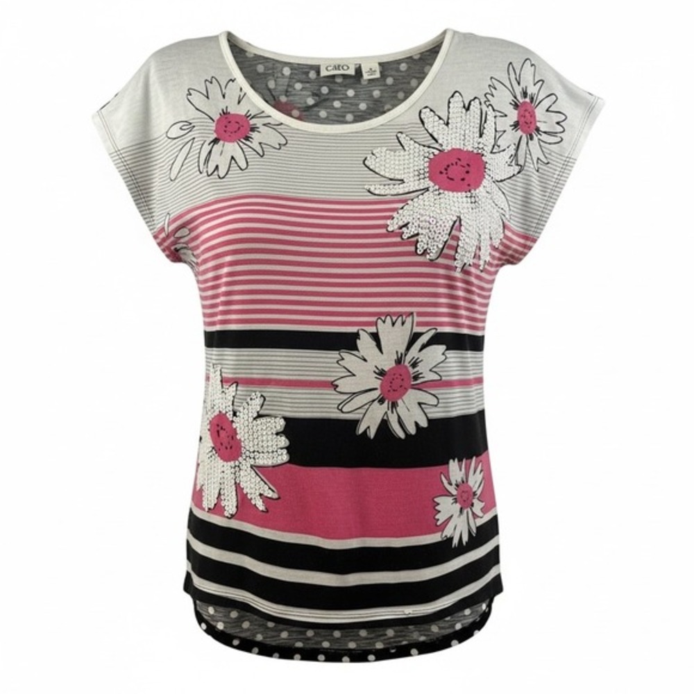 Cato Floral Sequin Top Womens Medium Pink Black White Mixed‎ Print Stripe